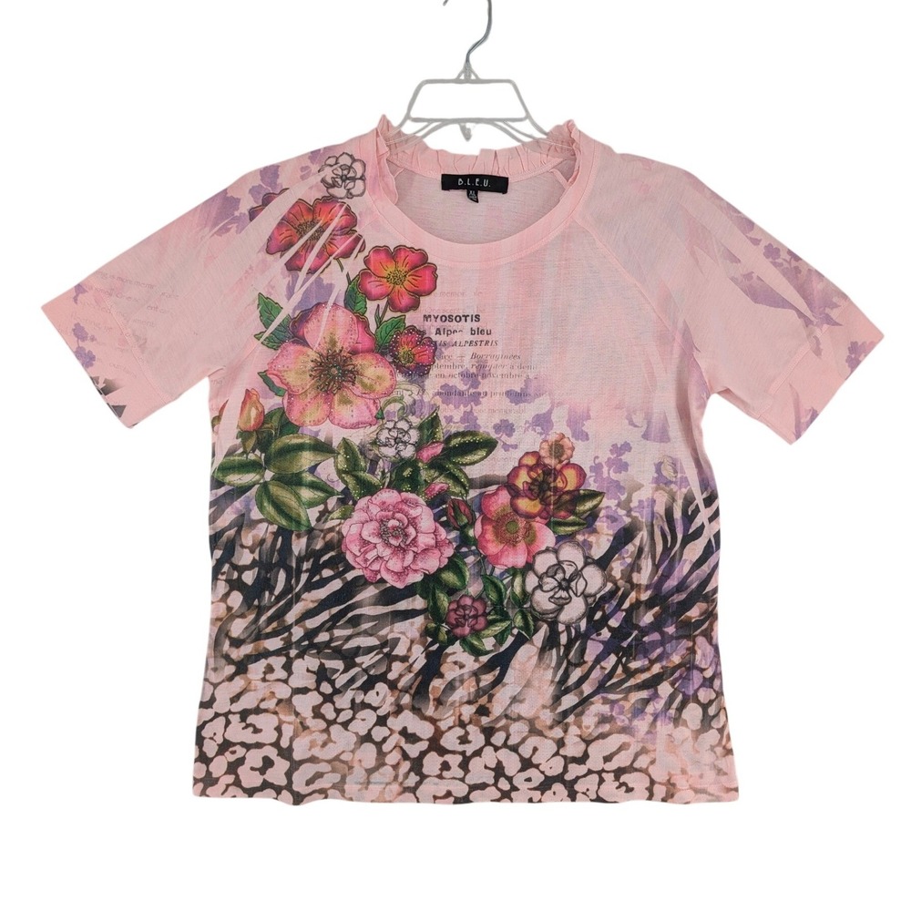 B.L.E.U. Womens Pink Mixed Print Floral Animal Rhinestone T-Shirt XL Y2K